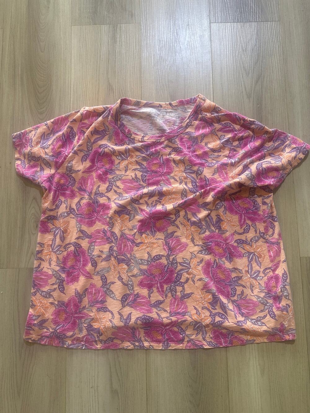 Old Navy EveryWear Floral T-Shirt XL Pink Orange Slub Knit Cotton Crewneck Tee